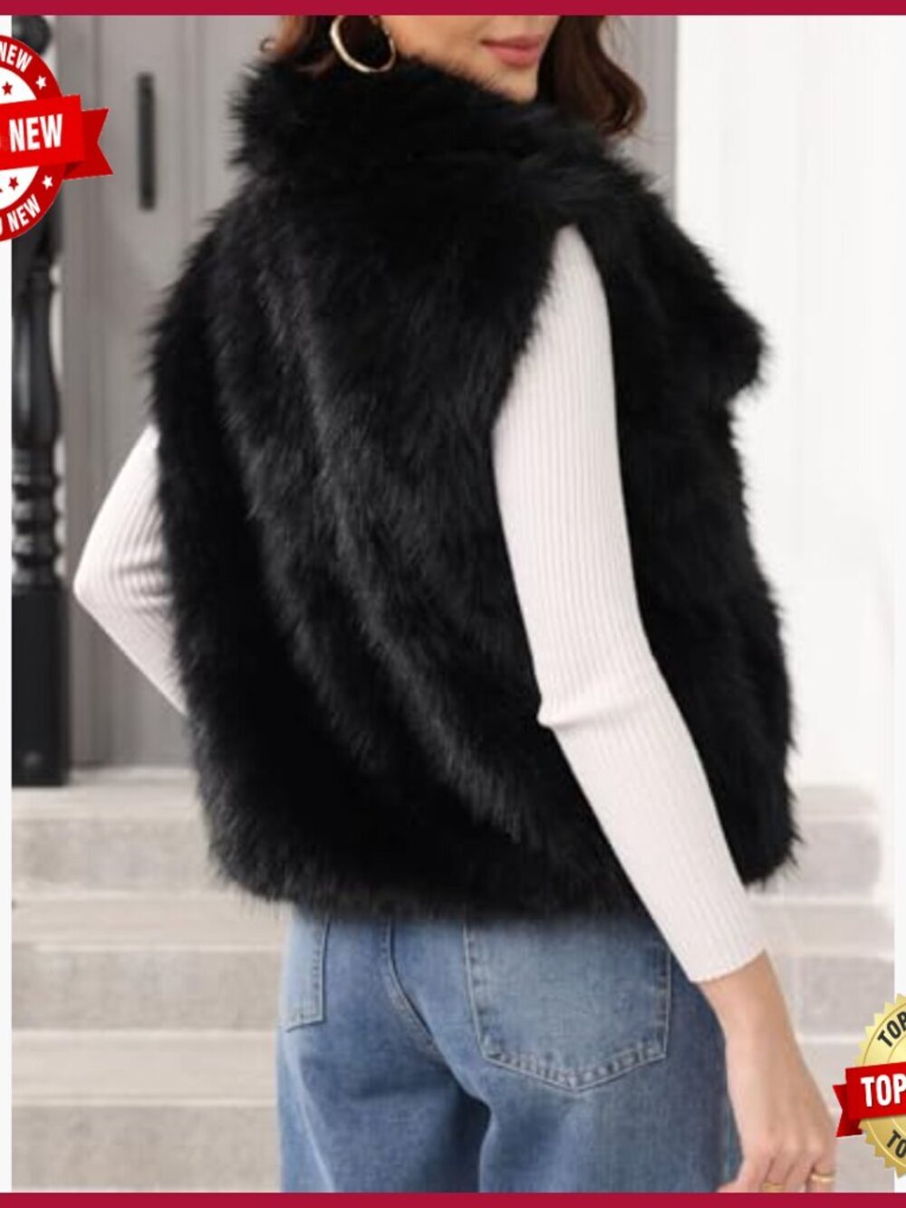 Faux Fur Vest Sleeveless Fuzzy Jacket Shaggy Winter Coat with Pockets - Picture 6 of 6